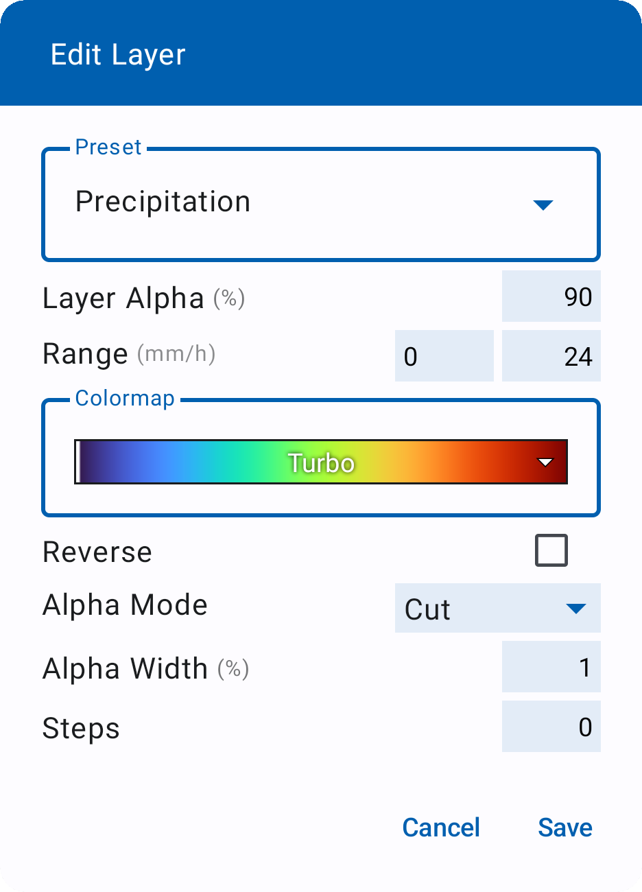 Flowx settings to edit weather forecast data layer opacity and spectrum colours
