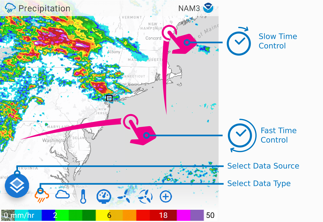 weather forecast map showing finger swipe controls to move through time and how to select data source and type