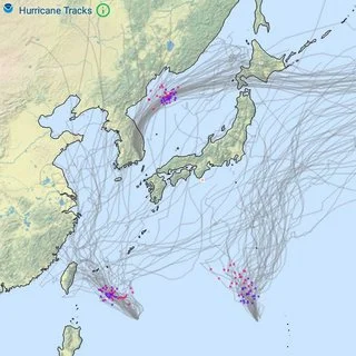 weather forecast map showing an example of NOAA and CMC (weather model us) hurricane predicted tracks