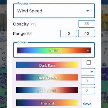 Flowx settings to edit weather forecast data layer opacity and spectrum colours (weather model us)